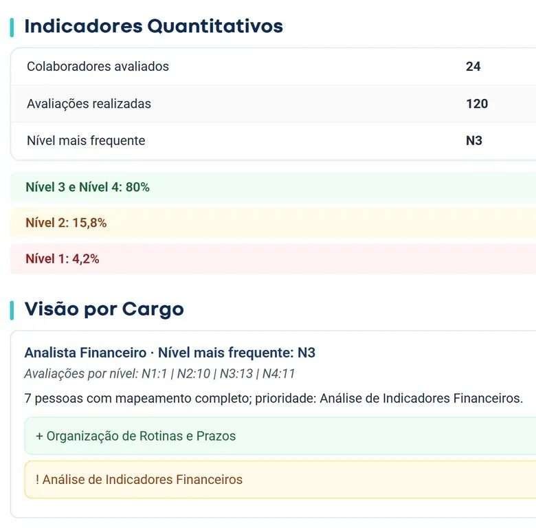 Tela da demonstração da vertho.ai: Relatório da empresa: os níveis demonstrados e, por cargo, o ponto forte e a prioridade