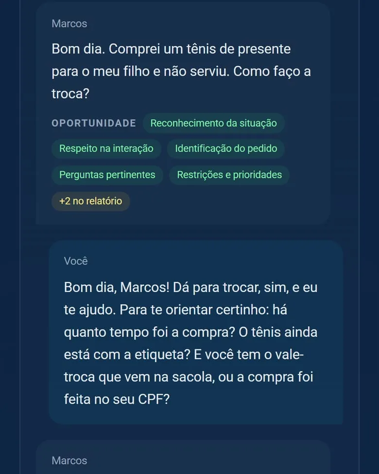 Tela da demonstração da vertho.ai: A ficha do caso e a conversa com o Marcos, cliente vivido pela IA