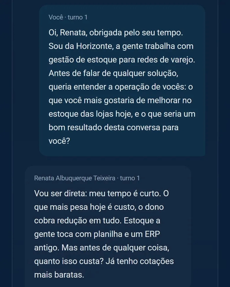 Tela da demonstração da vertho.ai: Negociação com a Renata, cliente vivida pela IA